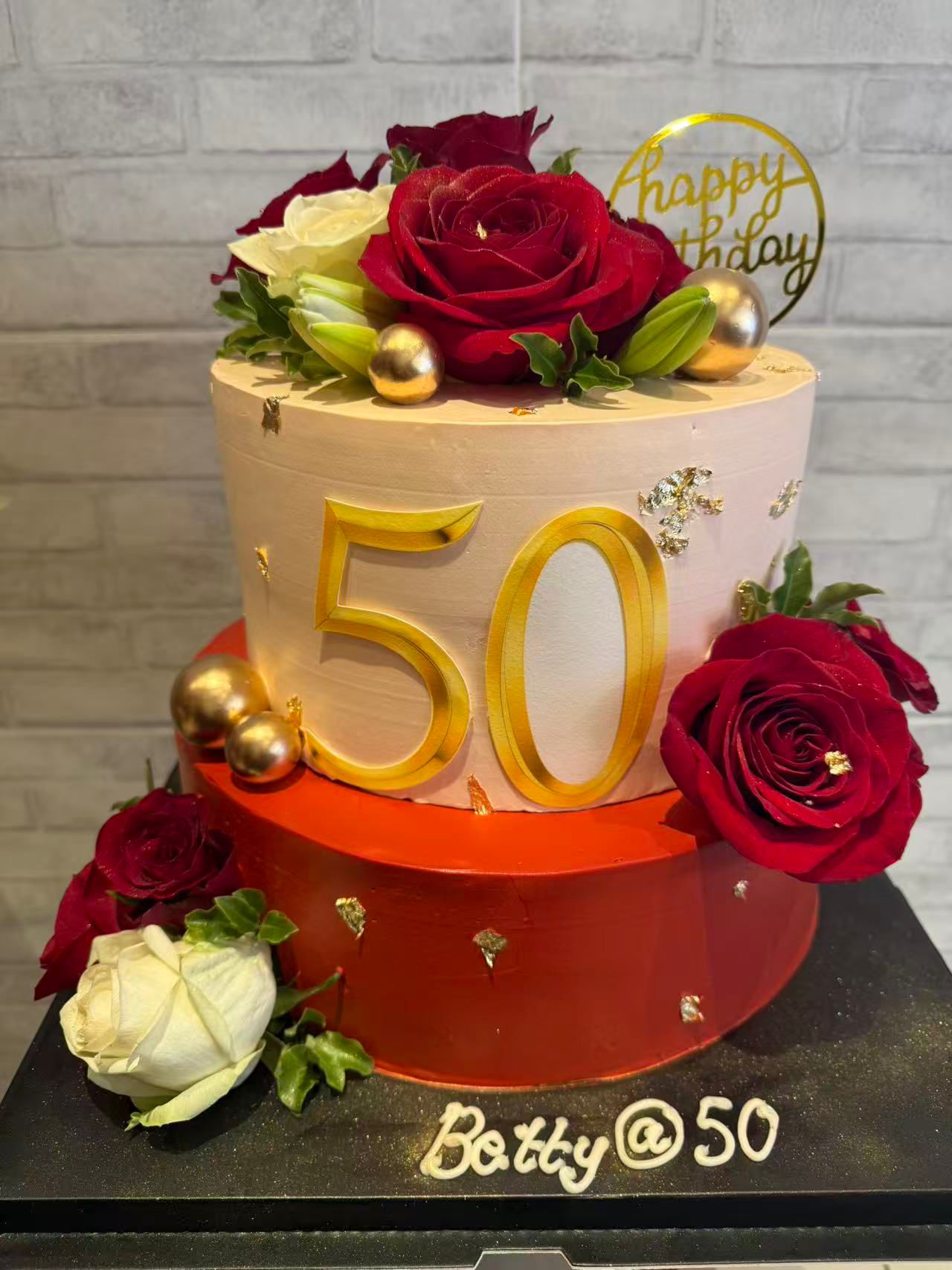 Two-tone 50th birthday cake with fresh red roses, La-Luscious Bakery Grays