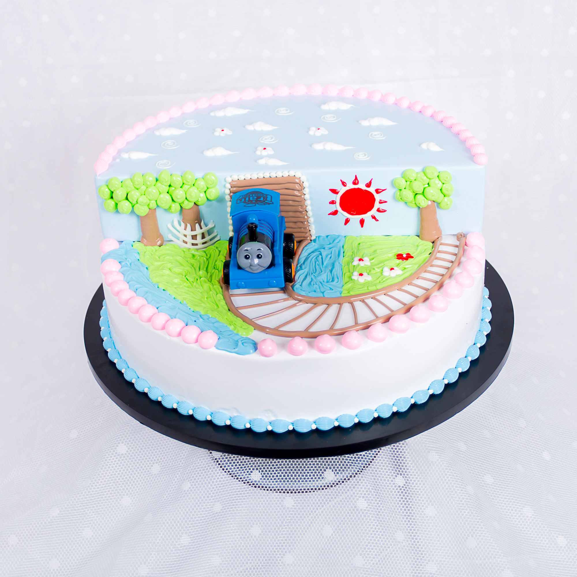Children's train birthday cake with hand-piped countryside scene, La-Luscious Bakery Grays