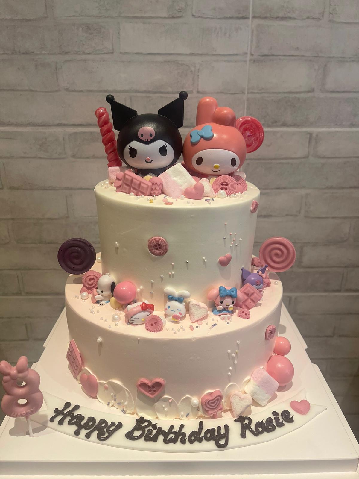 Character birthday cake with Kuromi and My Melody toppers, La-Luscious Bakery Grays