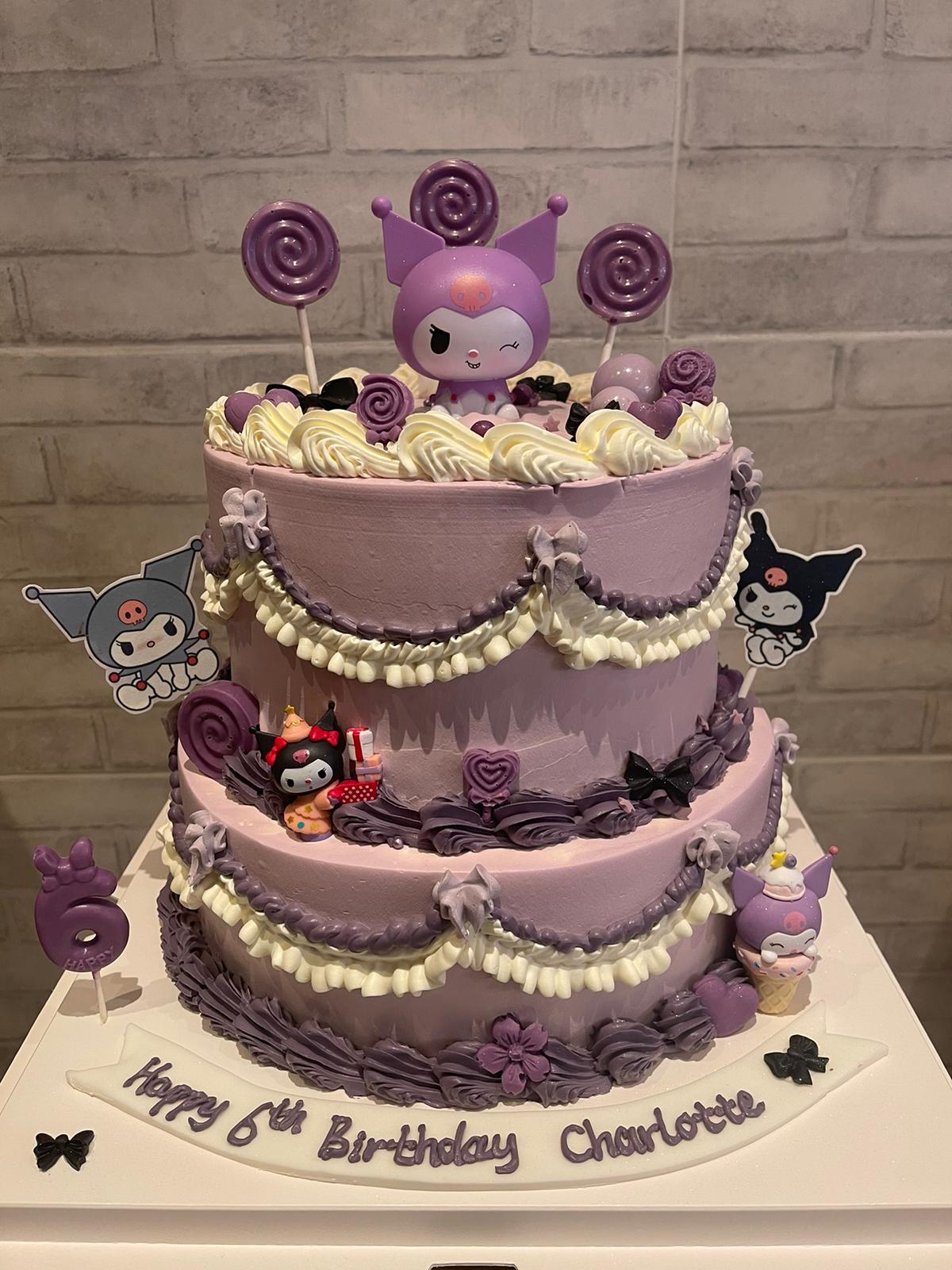 Two-tier lilac character cake with piped frills and bows, La-Luscious Bakery Grays