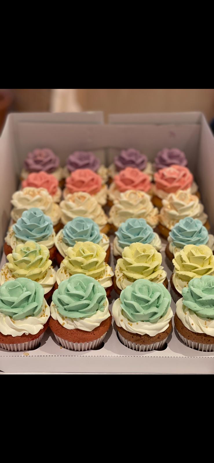 Tray of pastel buttercream rose cupcakes, La-Luscious Bakery Grays
