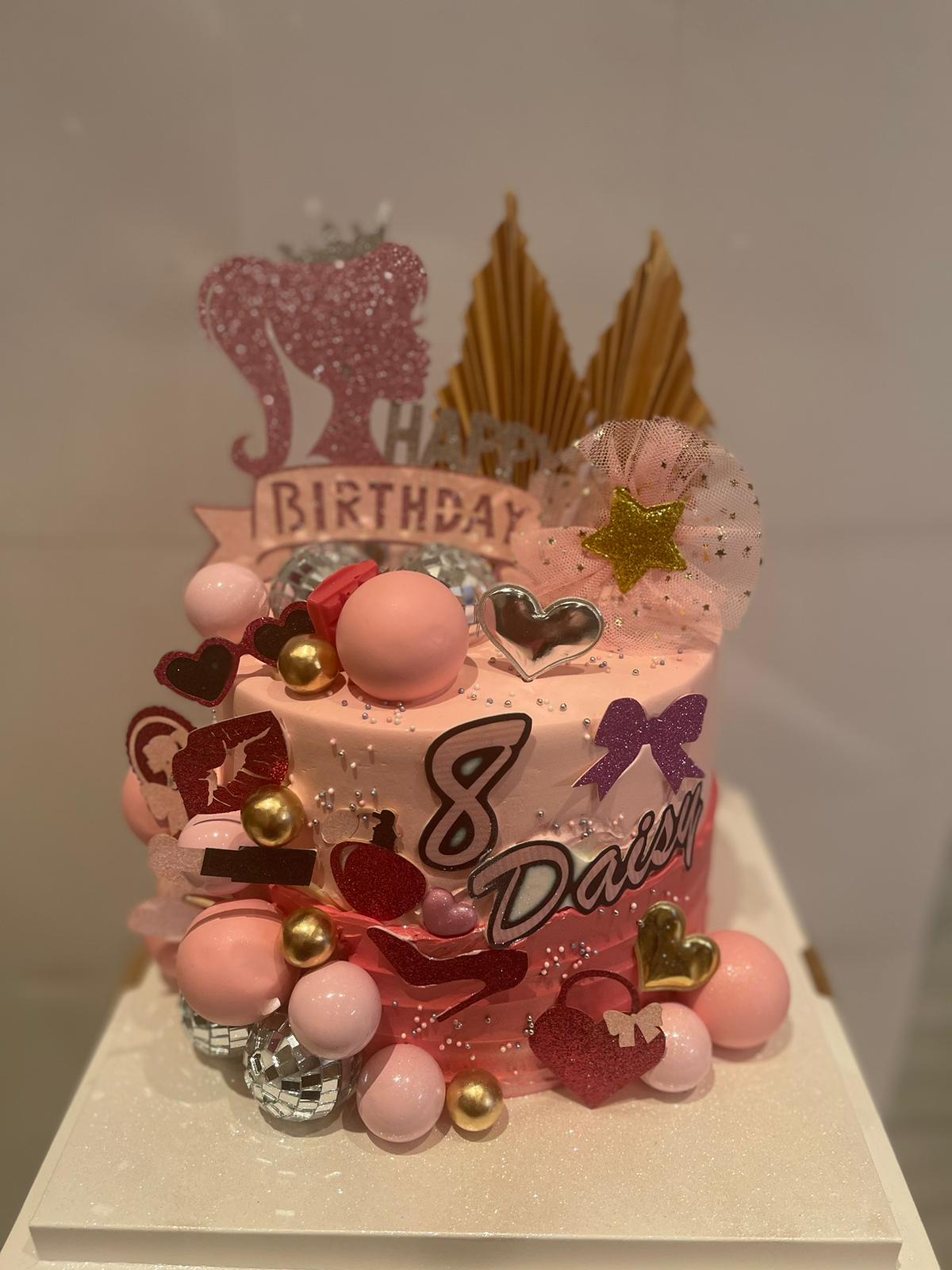 Rose gold 8th birthday cake with balloons and gold spheres, La-Luscious Bakery Grays