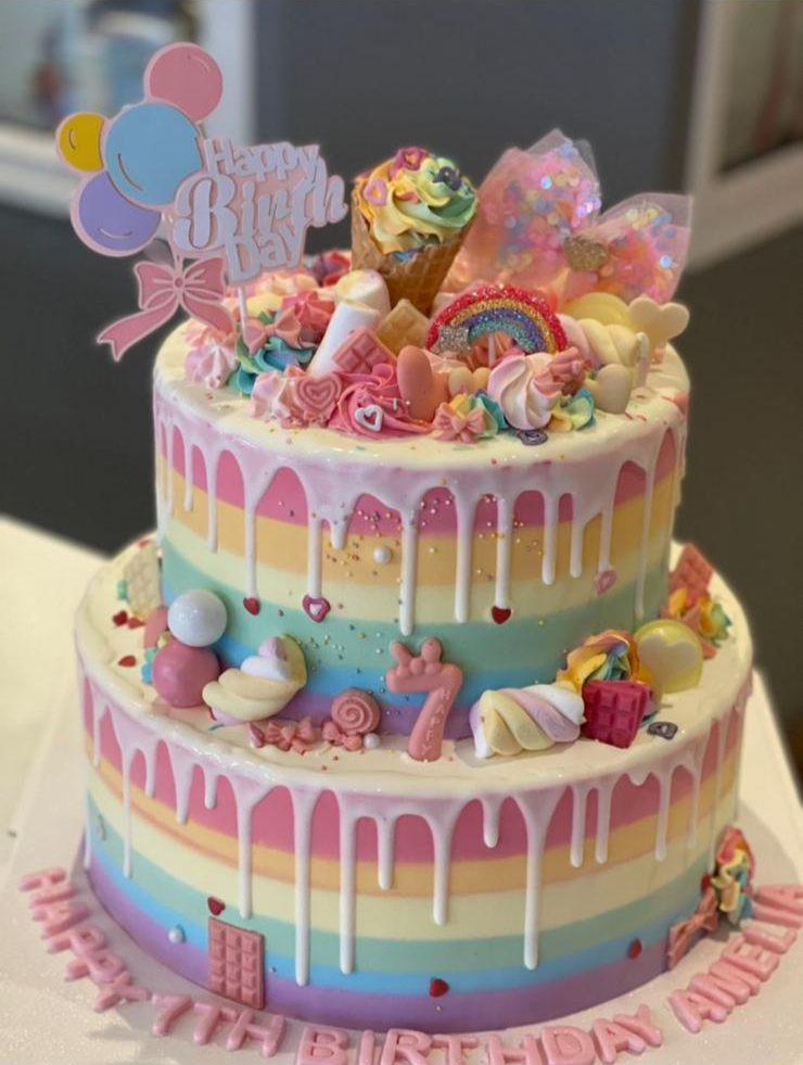Two-tier pastel drip cake piled with sweets and lollipops, La-Luscious Bakery Grays