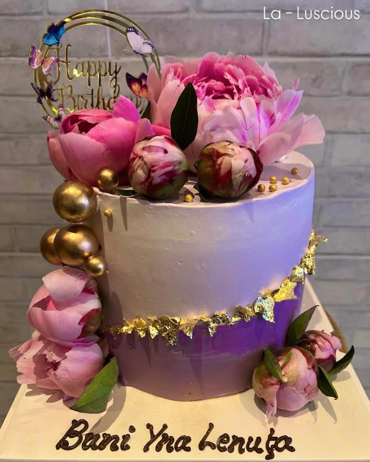 Lilac and gold cake with fresh peonies and gold leaf, La-Luscious Bakery Grays