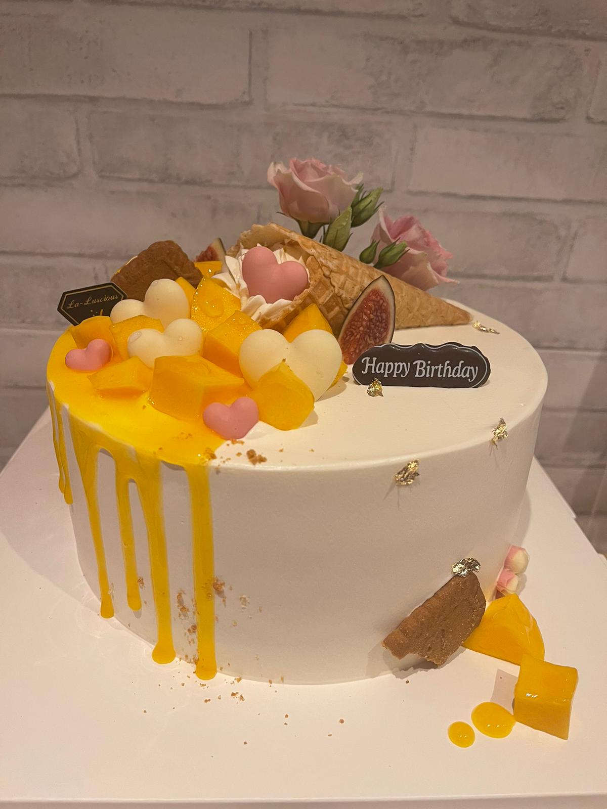 Golden mango and passionfruit drip birthday cake, La-Luscious Bakery Grays