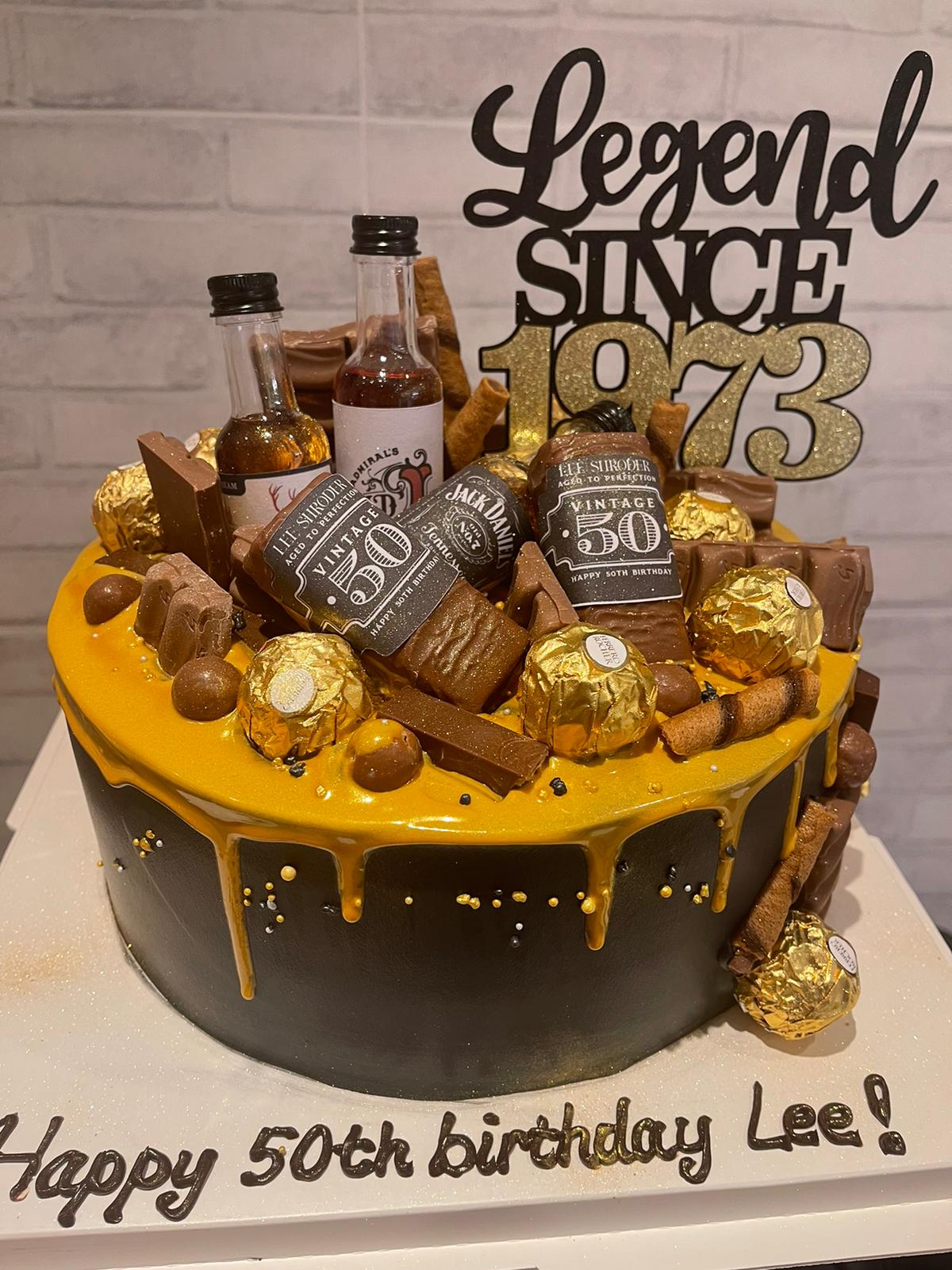 Milestone 50th birthday cake loaded with chocolates and gold, La-Luscious Bakery Grays