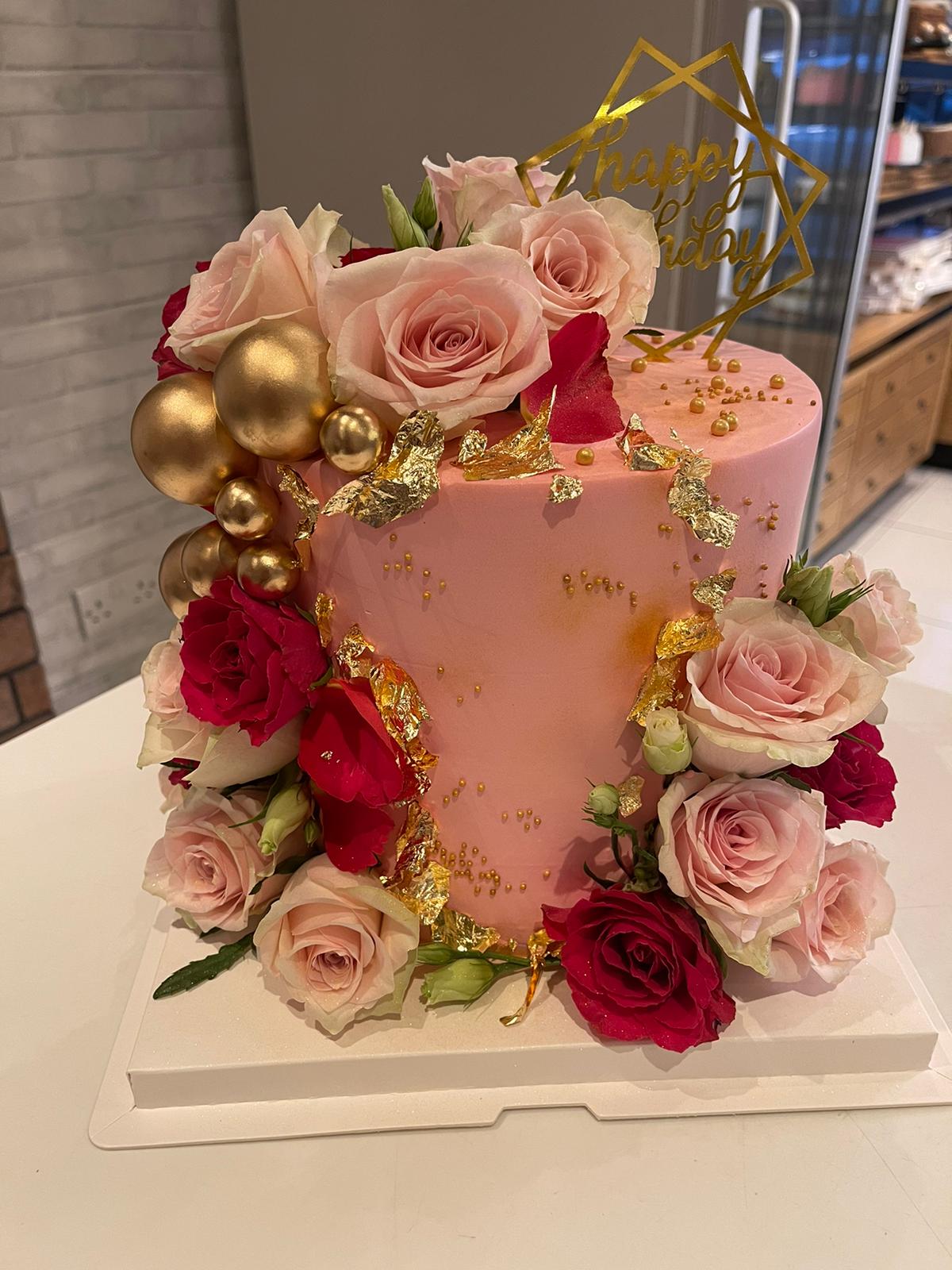 Blush cake with fresh roses, gold spheres and gold leaf, La-Luscious Bakery Grays