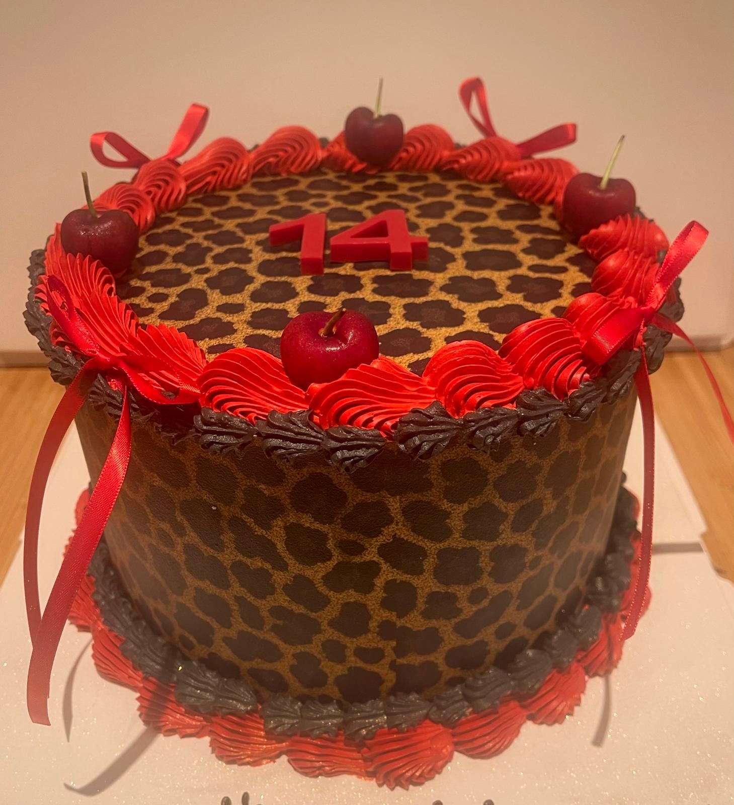 Leopard print chocolate cake with red berry crown, La-Luscious Bakery Grays